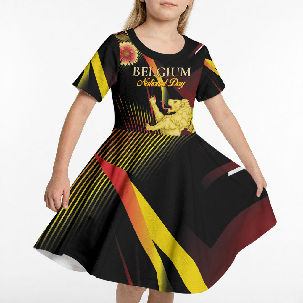 Personalized Belgium National Day Kid Short Sleeve Dress Rampant Lion Gaillardia Heritage Pride