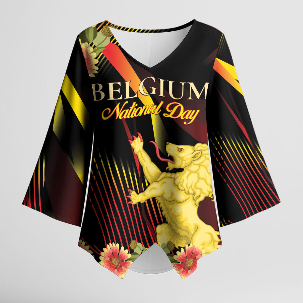 Personalized Belgium National Day Kimono Sleeve Blouse Rampant Lion Gaillardia Heritage Pride