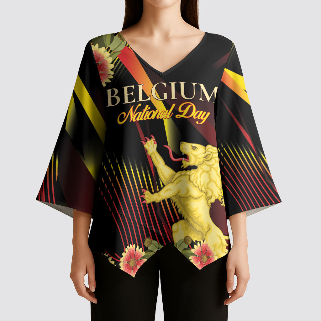 Personalized Belgium National Day Kimono Sleeve Blouse Rampant Lion Gaillardia Heritage Pride