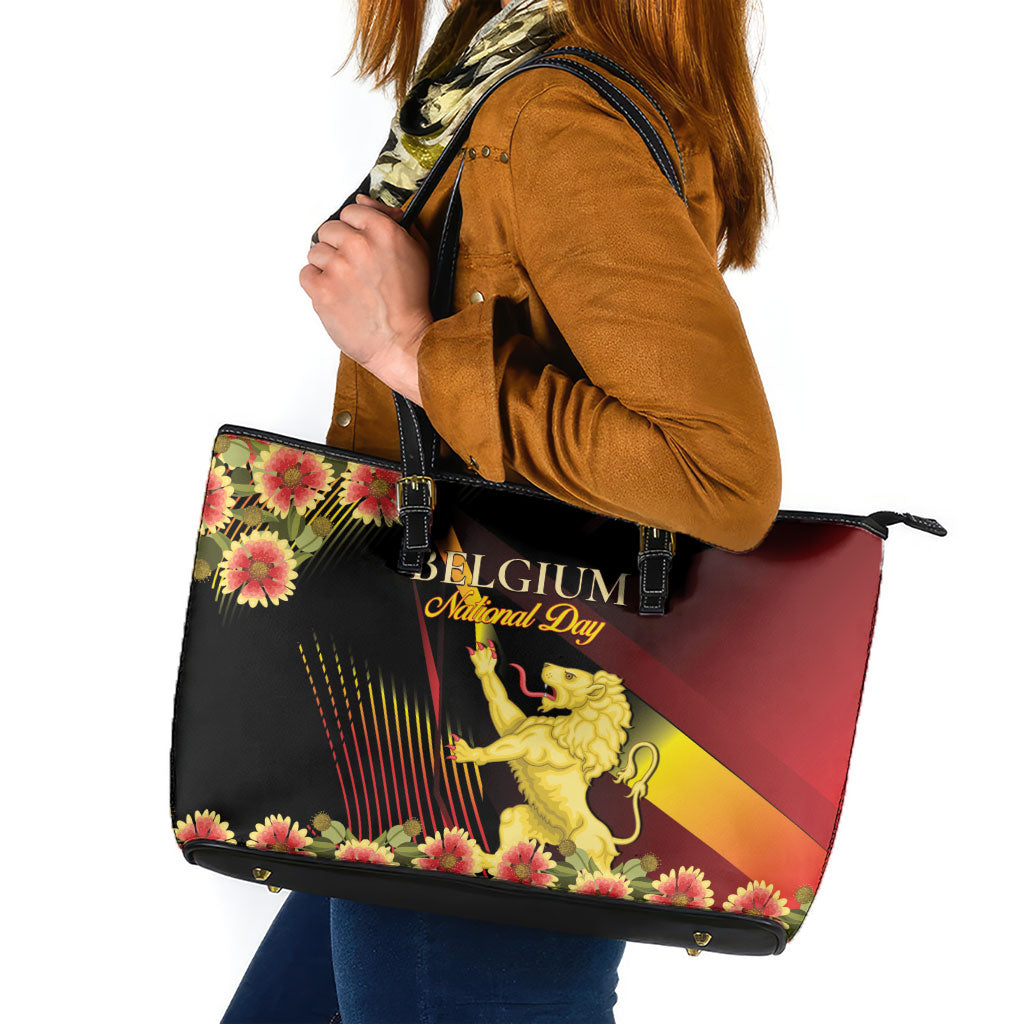 Belgium National Day Leather Tote Bag Rampant Lion Gaillardia Heritage Pride