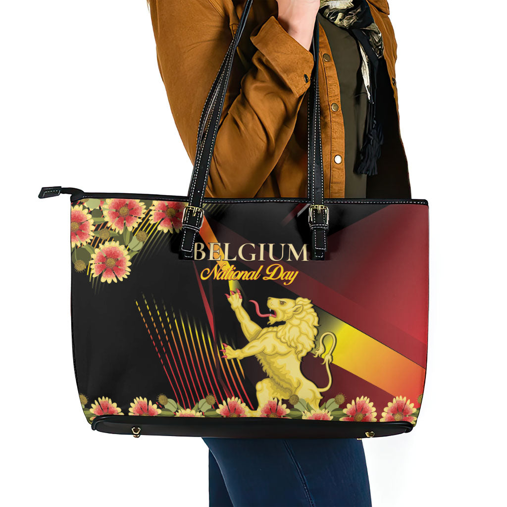 Belgium National Day Leather Tote Bag Rampant Lion Gaillardia Heritage Pride
