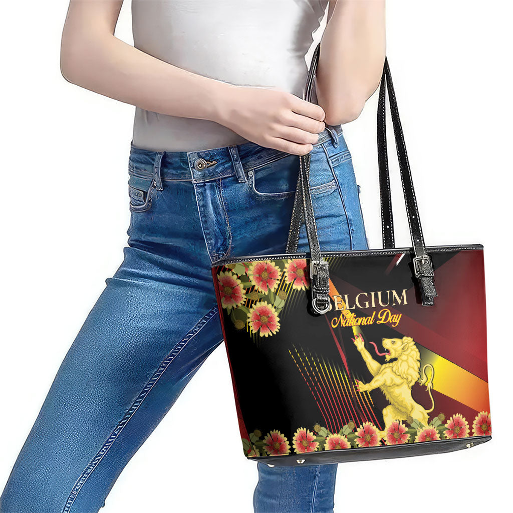 Belgium National Day Leather Tote Bag Rampant Lion Gaillardia Heritage Pride