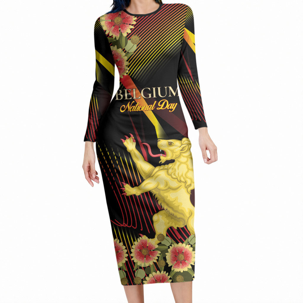 Personalized Belgium National Day Long Sleeve Bodycon Dress Rampant Lion Gaillardia Heritage Pride