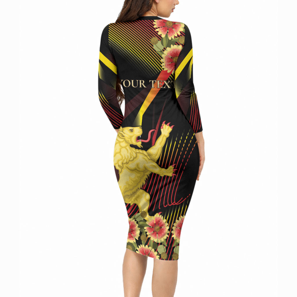 Personalized Belgium National Day Long Sleeve Bodycon Dress Rampant Lion Gaillardia Heritage Pride