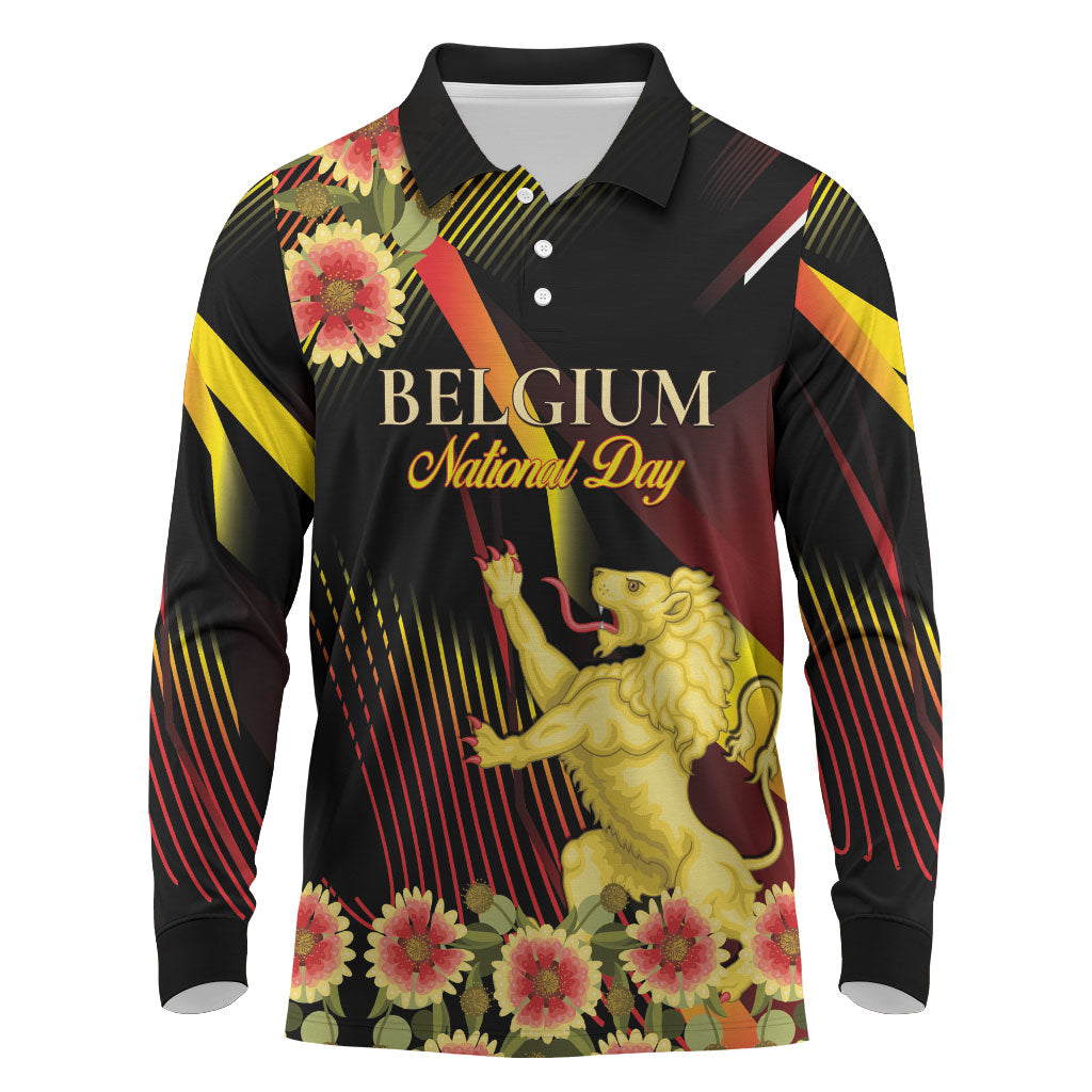 Personalized Belgium National Day Long Sleeve Polo Shirt Rampant Lion Gaillardia Heritage Pride