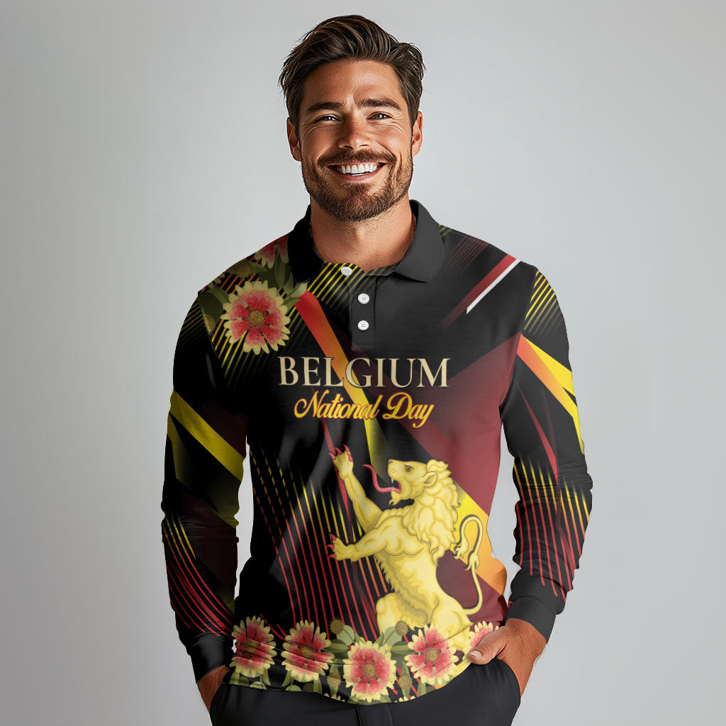 Personalized Belgium National Day Long Sleeve Polo Shirt Rampant Lion Gaillardia Heritage Pride