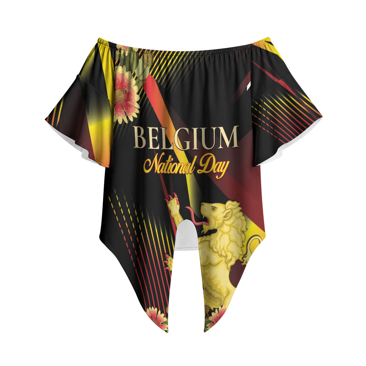 Personalized Belgium National Day Off Shoulder Wrap Waist Top Rampant Lion Gaillardia Heritage Pride