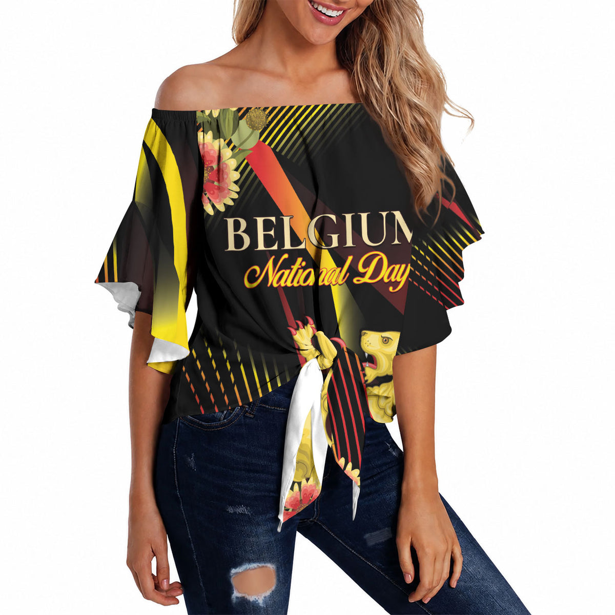 Personalized Belgium National Day Off Shoulder Wrap Waist Top Rampant Lion Gaillardia Heritage Pride