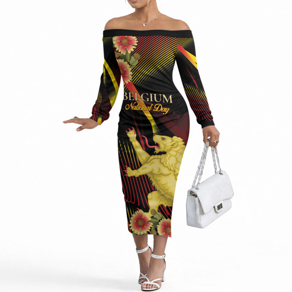 Personalized Belgium National Day Off The Shoulder Long Sleeve Dress Rampant Lion Gaillardia Heritage Pride