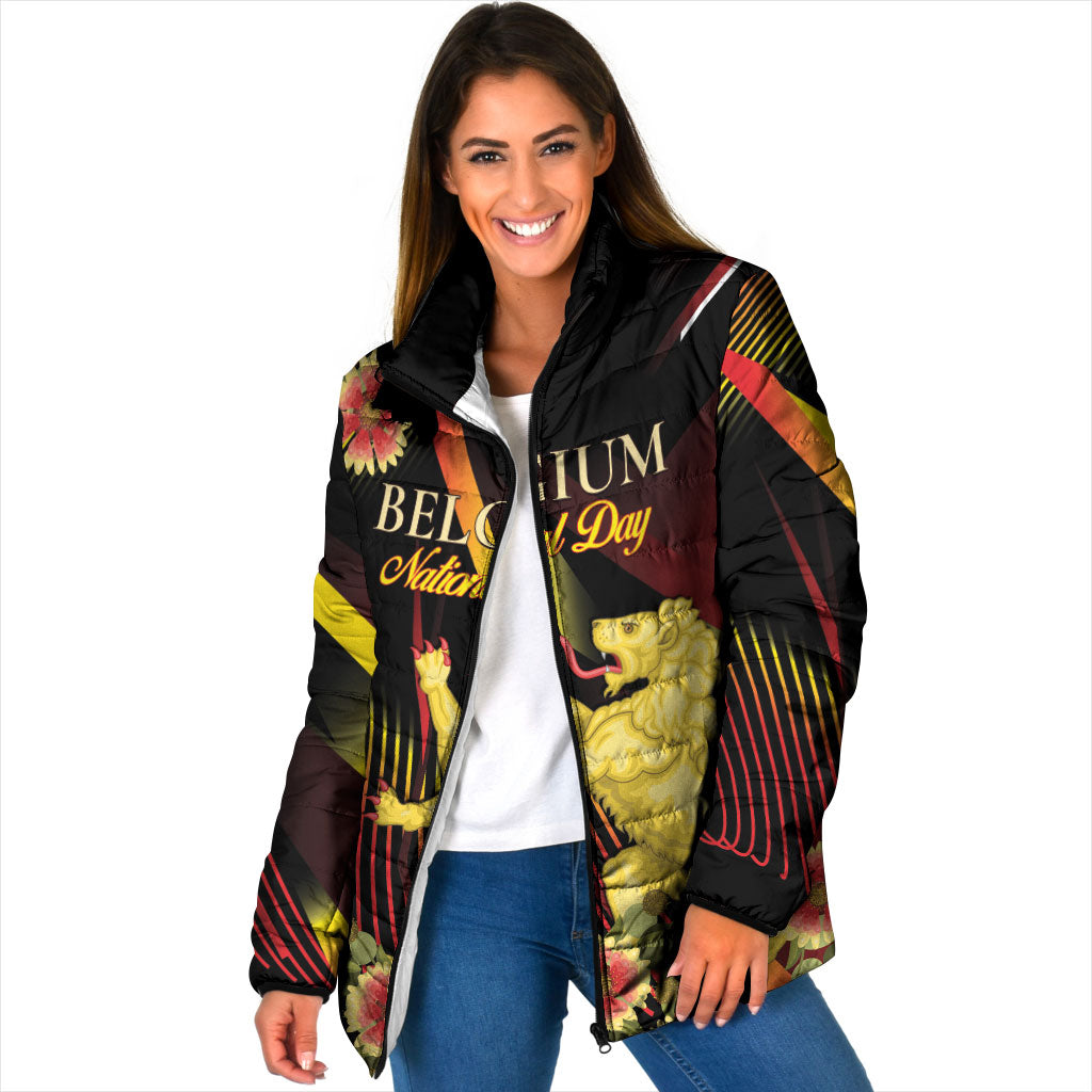 Personalized Belgium National Day Padded Jacket Rampant Lion Gaillardia Heritage Pride