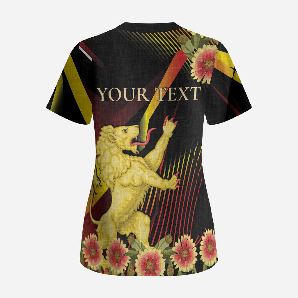 Personalized Belgium National Day Scrub Top Rampant Lion Gaillardia Heritage Pride