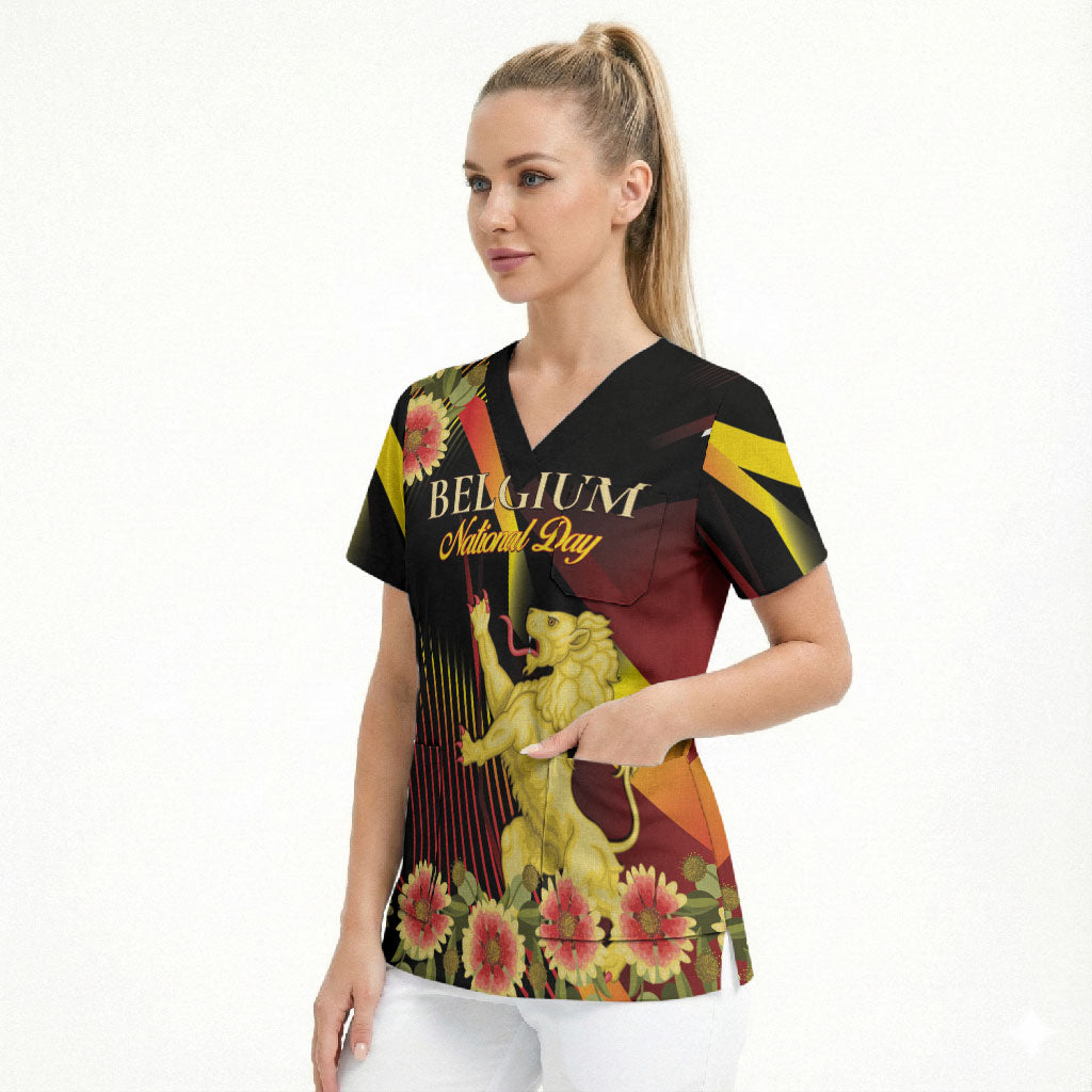 Personalized Belgium National Day Scrub Top Rampant Lion Gaillardia Heritage Pride