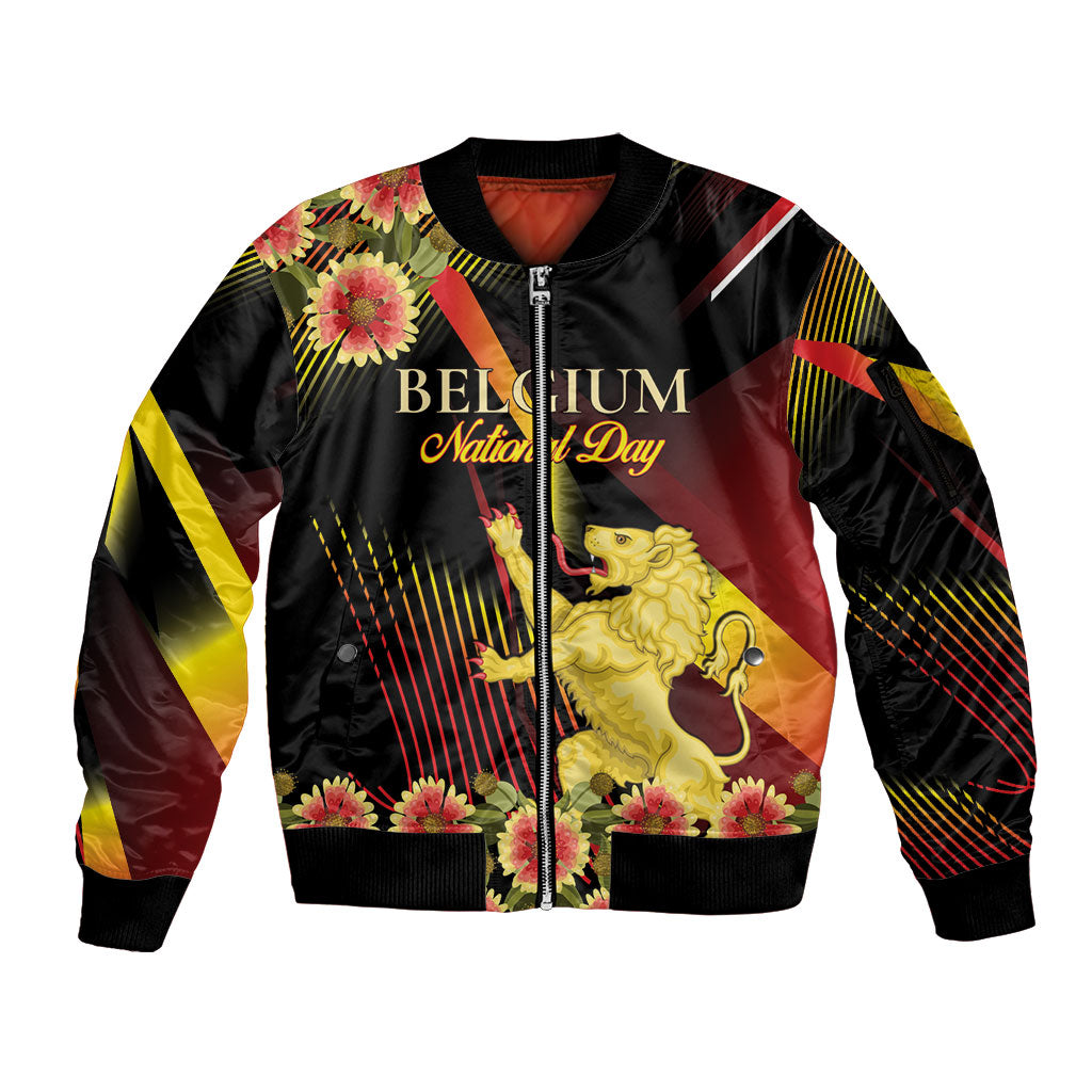 Personalized Belgium National Day Sleeve Zip Bomber Jacket Rampant Lion Gaillardia Heritage Pride