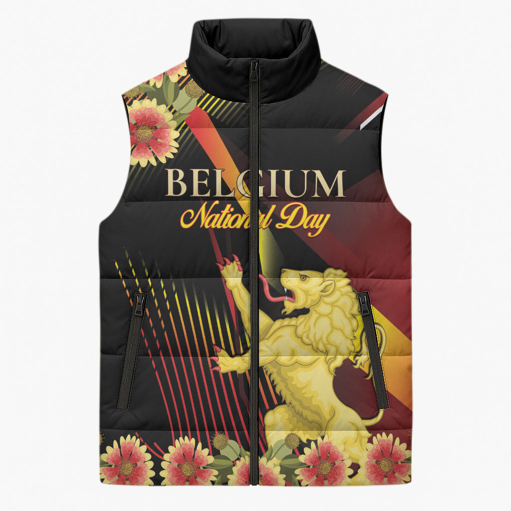 Personalized Belgium National Day Sleeveless Puffer Jacket Rampant Lion Gaillardia Heritage Pride