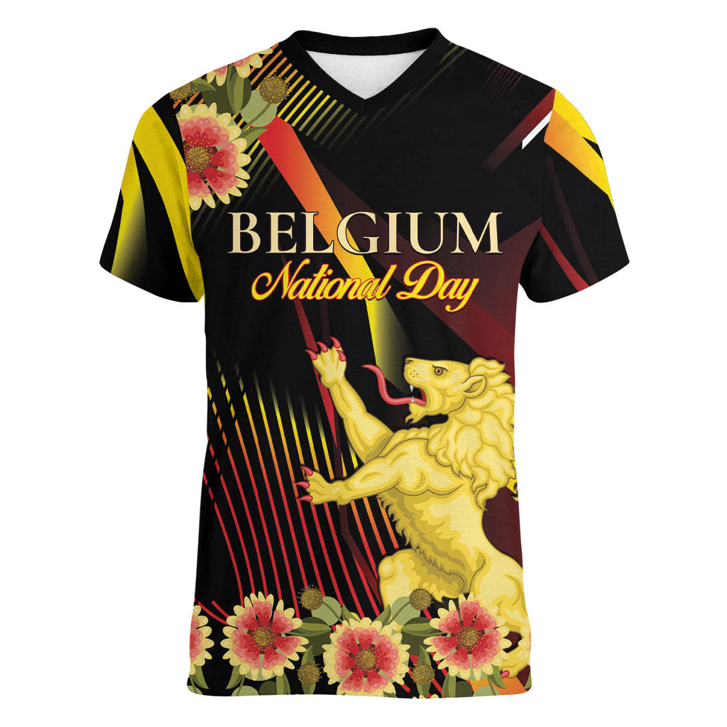 Personalized Belgium National Day Women V-Neck T-Shirt Rampant Lion Gaillardia Heritage Pride