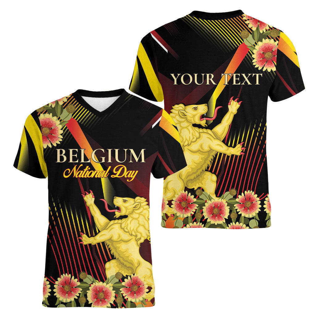 Personalized Belgium National Day Women V-Neck T-Shirt Rampant Lion Gaillardia Heritage Pride