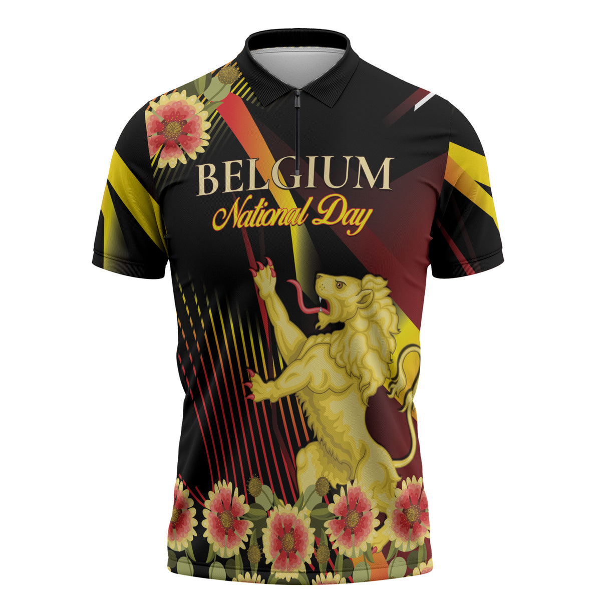 Personalized Belgium National Day Zipper Polo Shirt Rampant Lion Gaillardia Heritage Pride