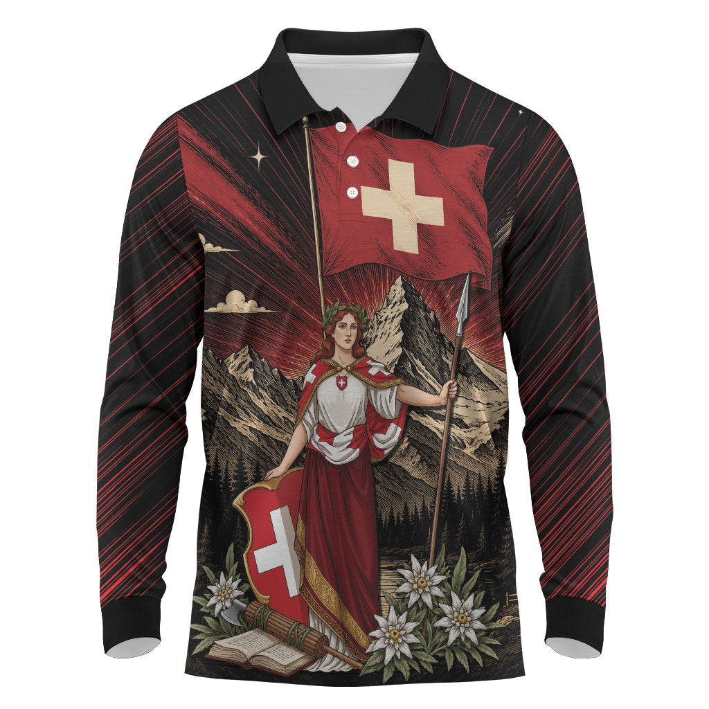 Switzerland National Day Long Sleeve Polo Shirt Helvetia Alps Heritage Pride