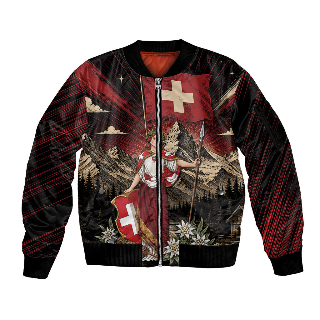 Switzerland National Day Sleeve Zip Bomber Jacket Helvetia Alps Heritage Pride