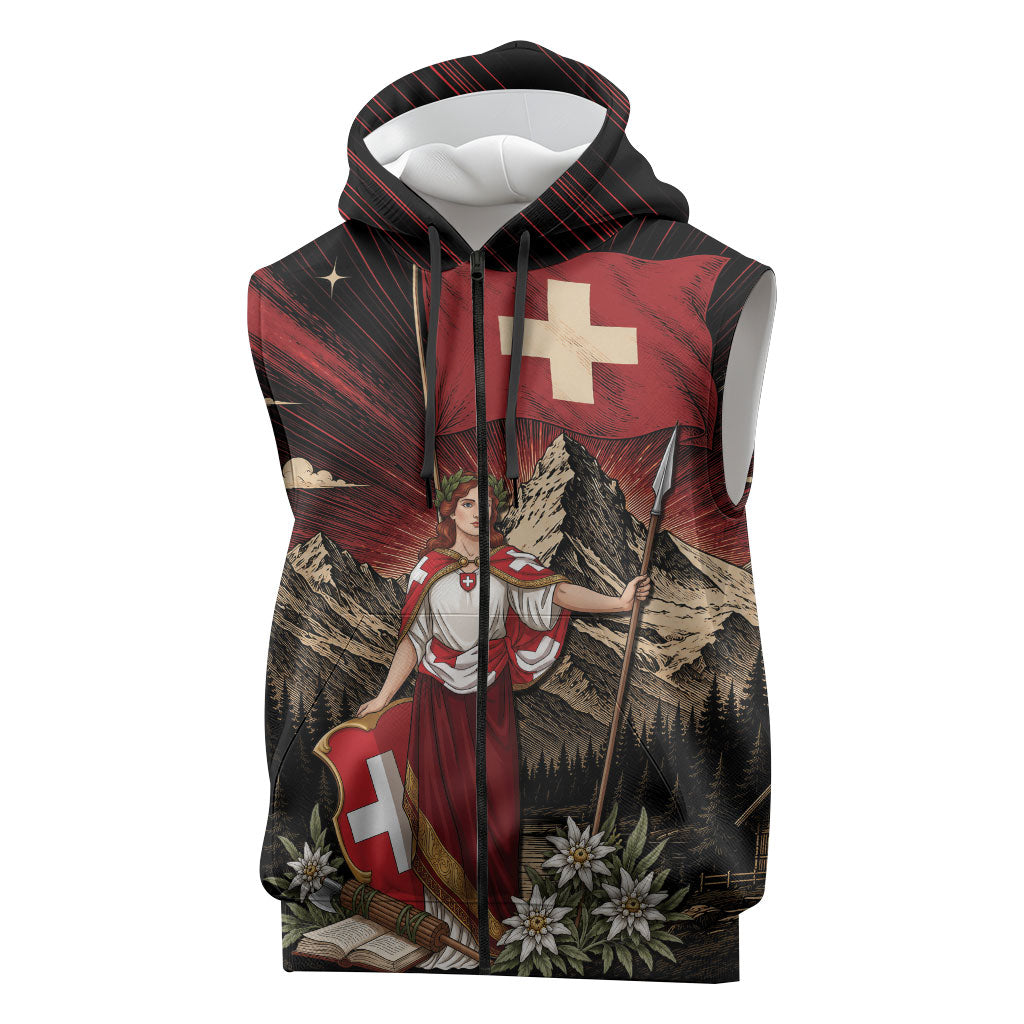Switzerland National Day Sleeveless Zip Hoodie Helvetia Alps Heritage Pride
