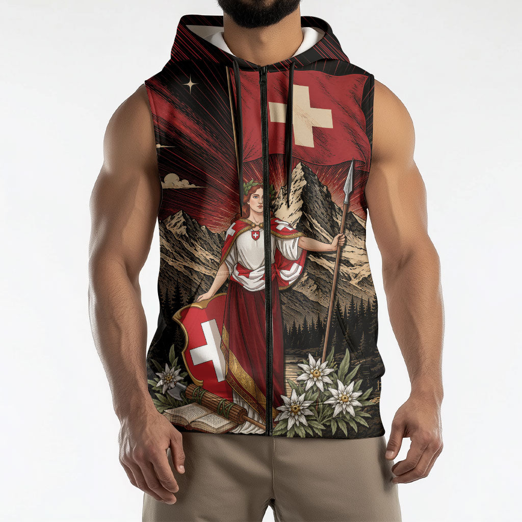 Switzerland National Day Sleeveless Zip Hoodie Helvetia Alps Heritage Pride