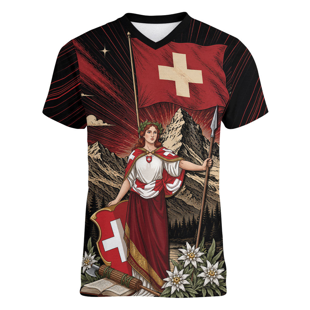 Switzerland National Day Women V-Neck T-Shirt Helvetia Alps Heritage Pride