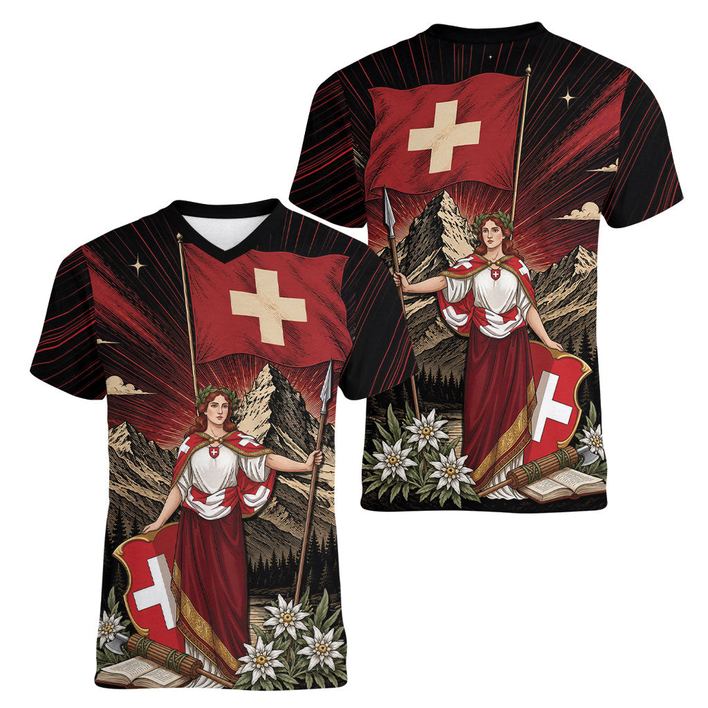 Switzerland National Day Women V-Neck T-Shirt Helvetia Alps Heritage Pride