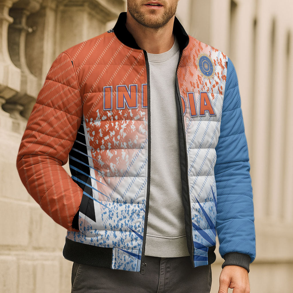 Custom India Cricket Bomber Puffer Jacket Men In Blue Ashoka Chakra Pride