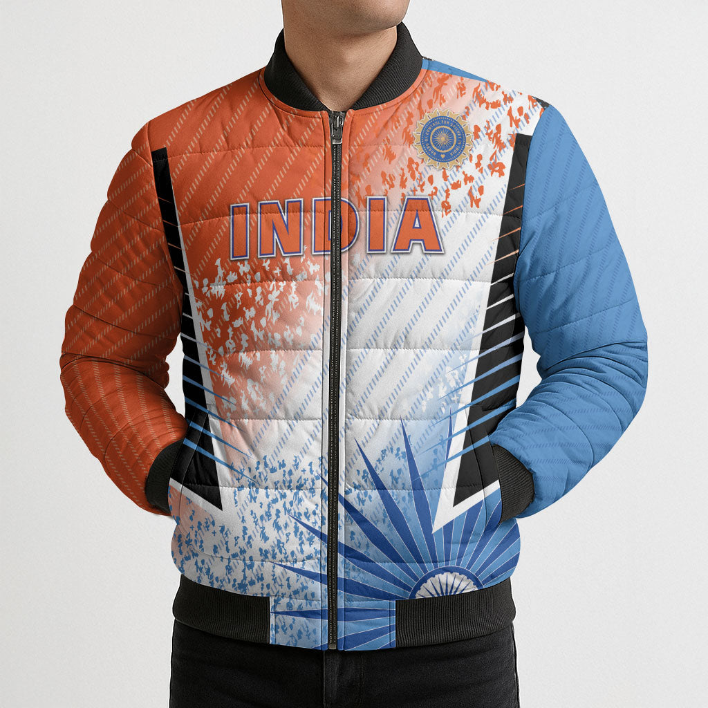 Custom India Cricket Bomber Puffer Jacket Men In Blue Ashoka Chakra Pride