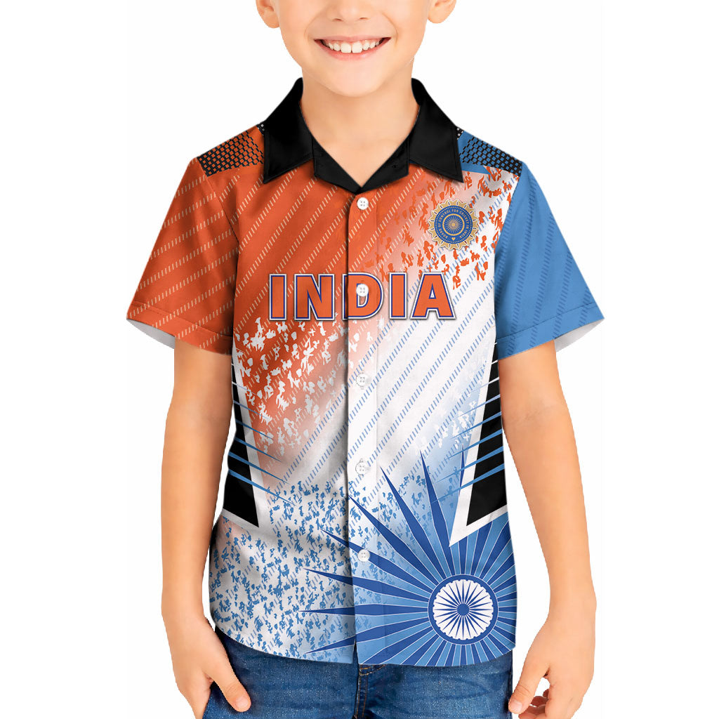 Custom India Cricket Kid Hawaiian Shirt Men In Blue Ashoka Chakra Pride