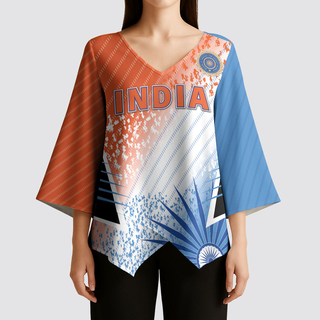 Custom India Cricket Kimono Sleeve Blouse Men In Blue Ashoka Chakra Pride