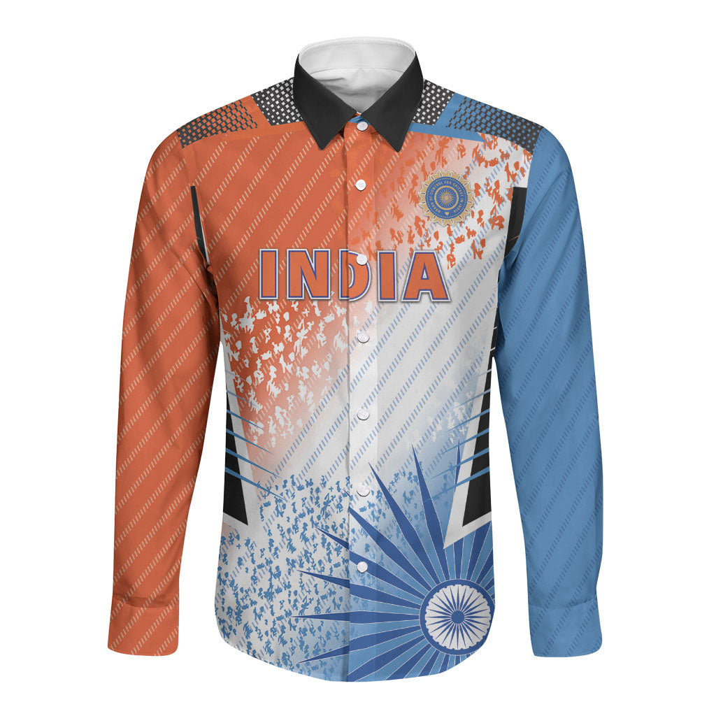 Custom India Cricket Long Sleeve Button Shirt Men In Blue Ashoka Chakra Pride