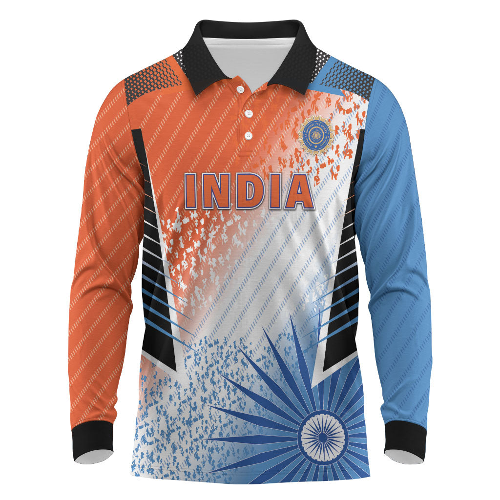 Custom India Cricket Long Sleeve Polo Shirt Men In Blue Ashoka Chakra Pride