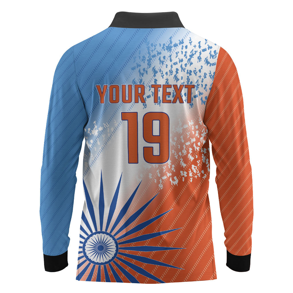 Custom India Cricket Long Sleeve Polo Shirt Men In Blue Ashoka Chakra Pride