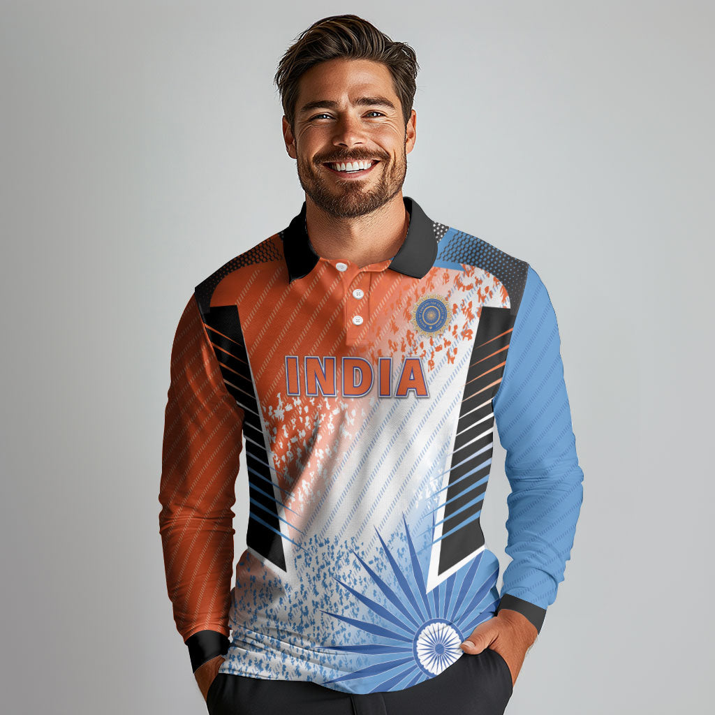 Custom India Cricket Long Sleeve Polo Shirt Men In Blue Ashoka Chakra Pride
