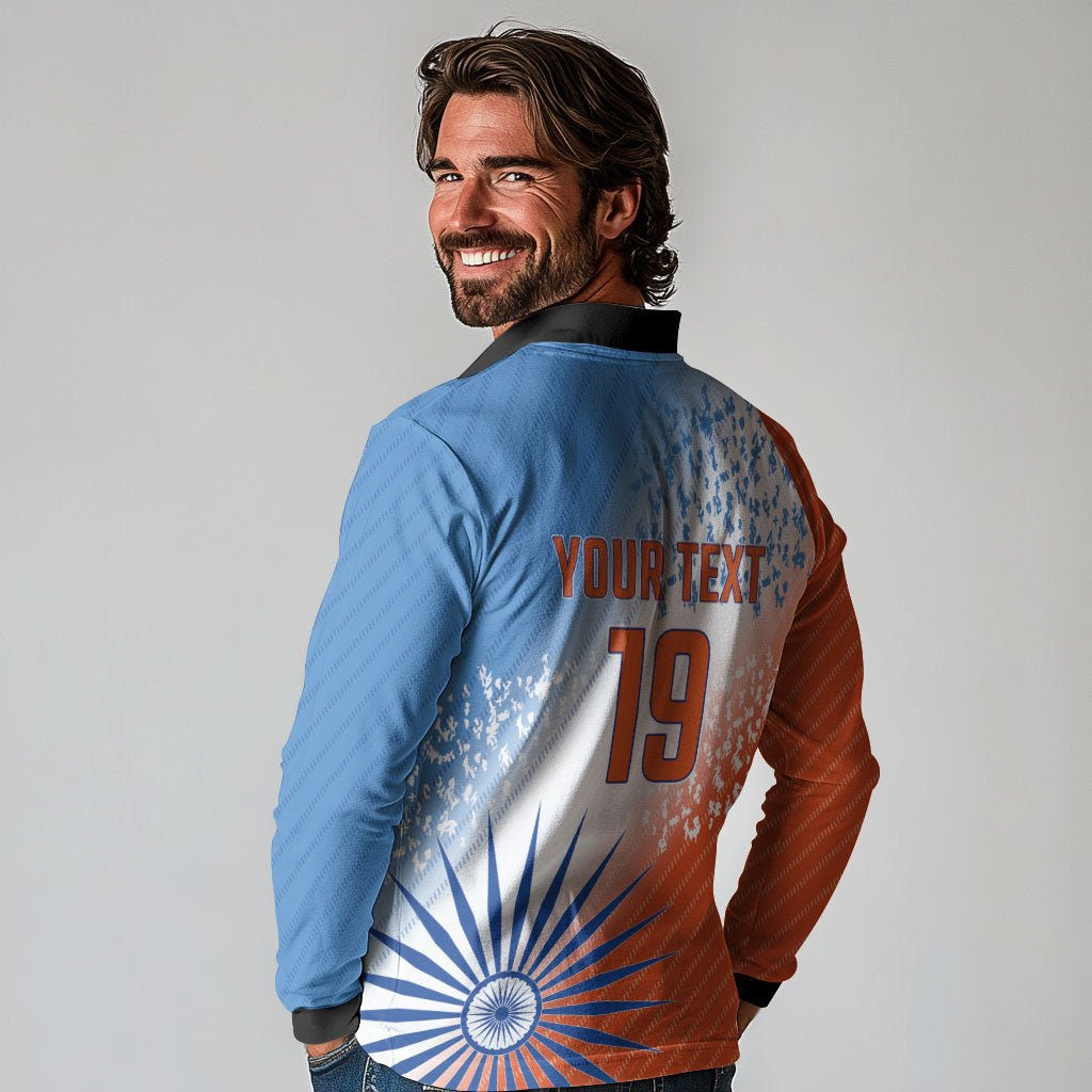 Custom India Cricket Long Sleeve Polo Shirt Men In Blue Ashoka Chakra Pride