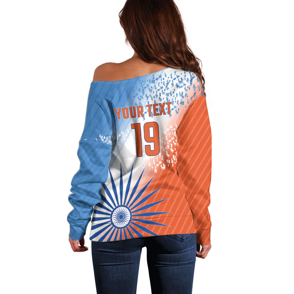 Custom India Cricket Off Shoulder Sweater Men In Blue Ashoka Chakra Pride