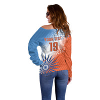 Custom India Cricket Off Shoulder Sweater Men In Blue Ashoka Chakra Pride