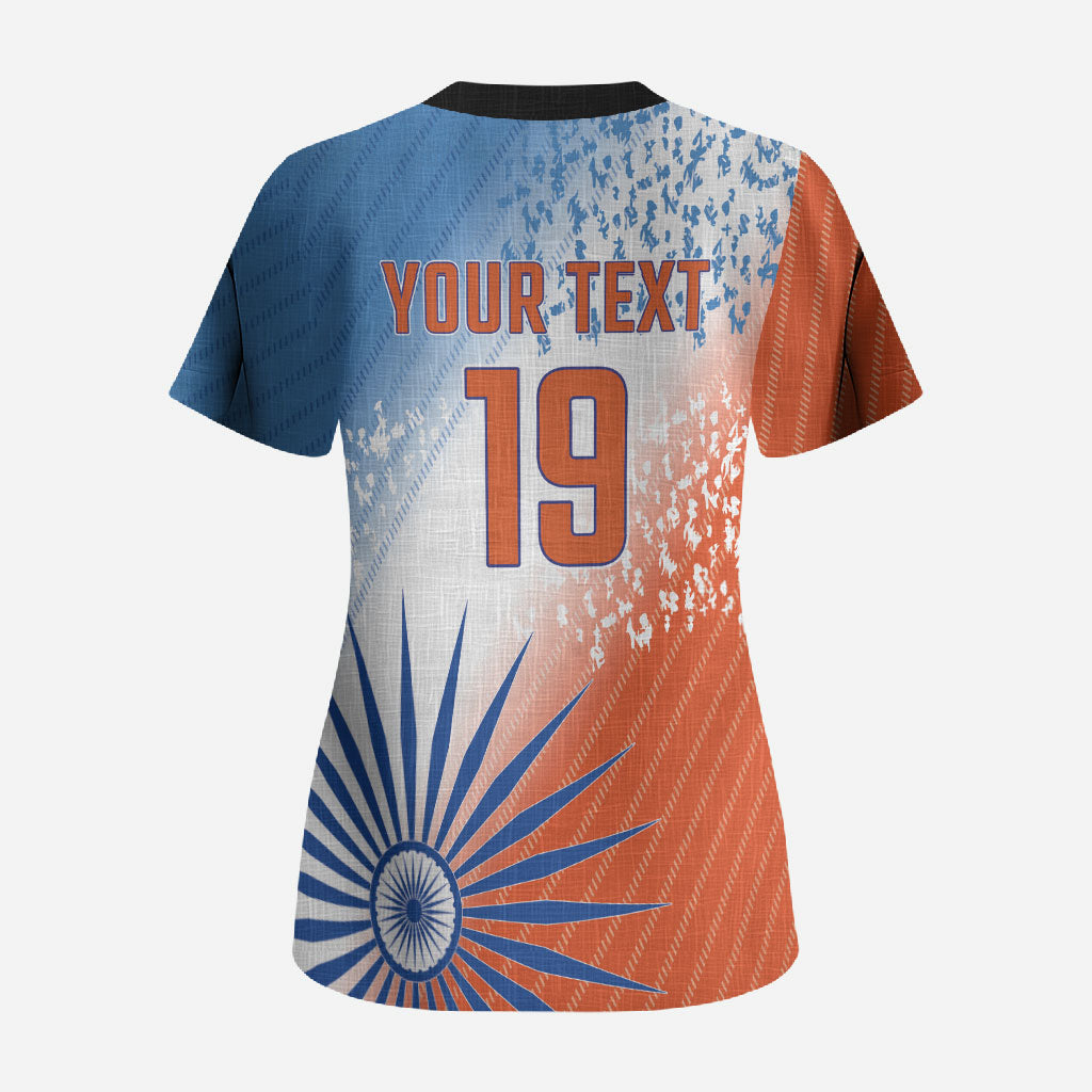 Custom India Cricket Scrub Top Men In Blue Ashoka Chakra Pride