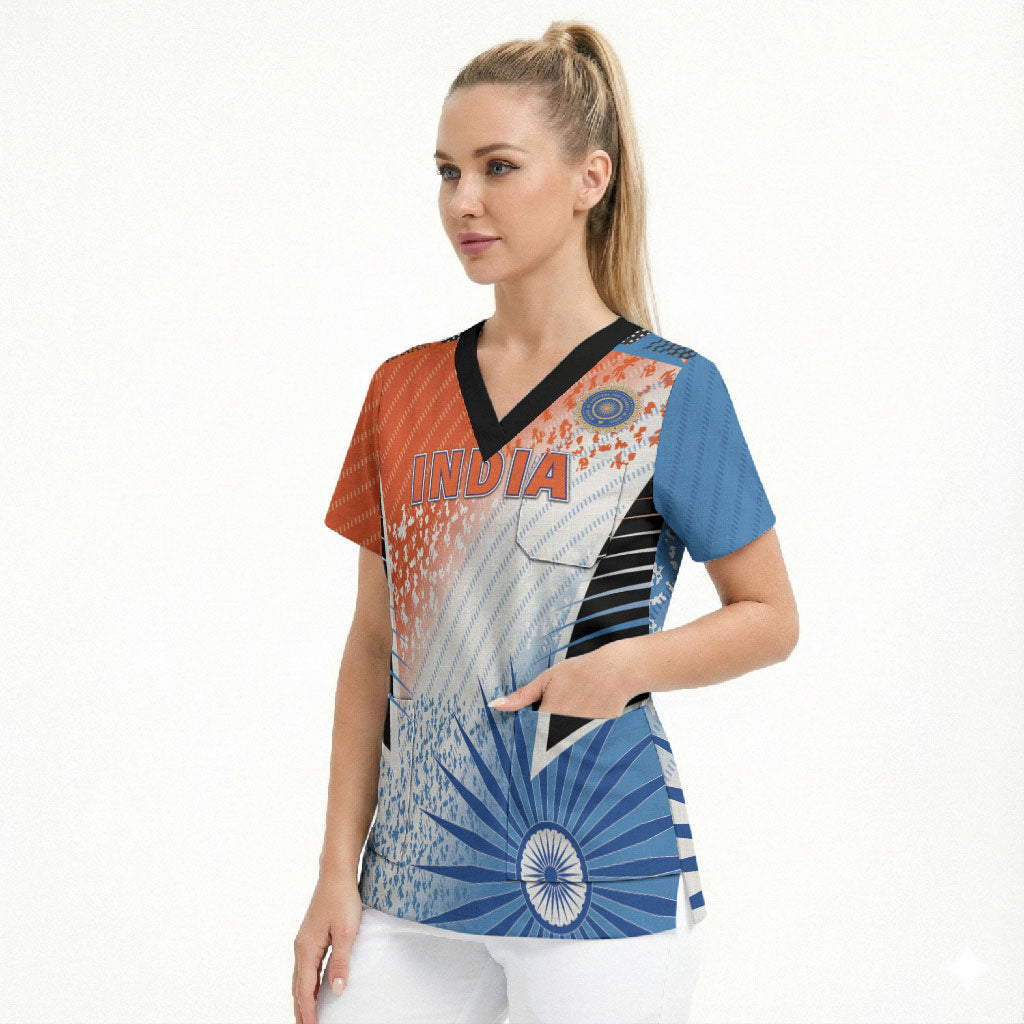 Custom India Cricket Scrub Top Men In Blue Ashoka Chakra Pride