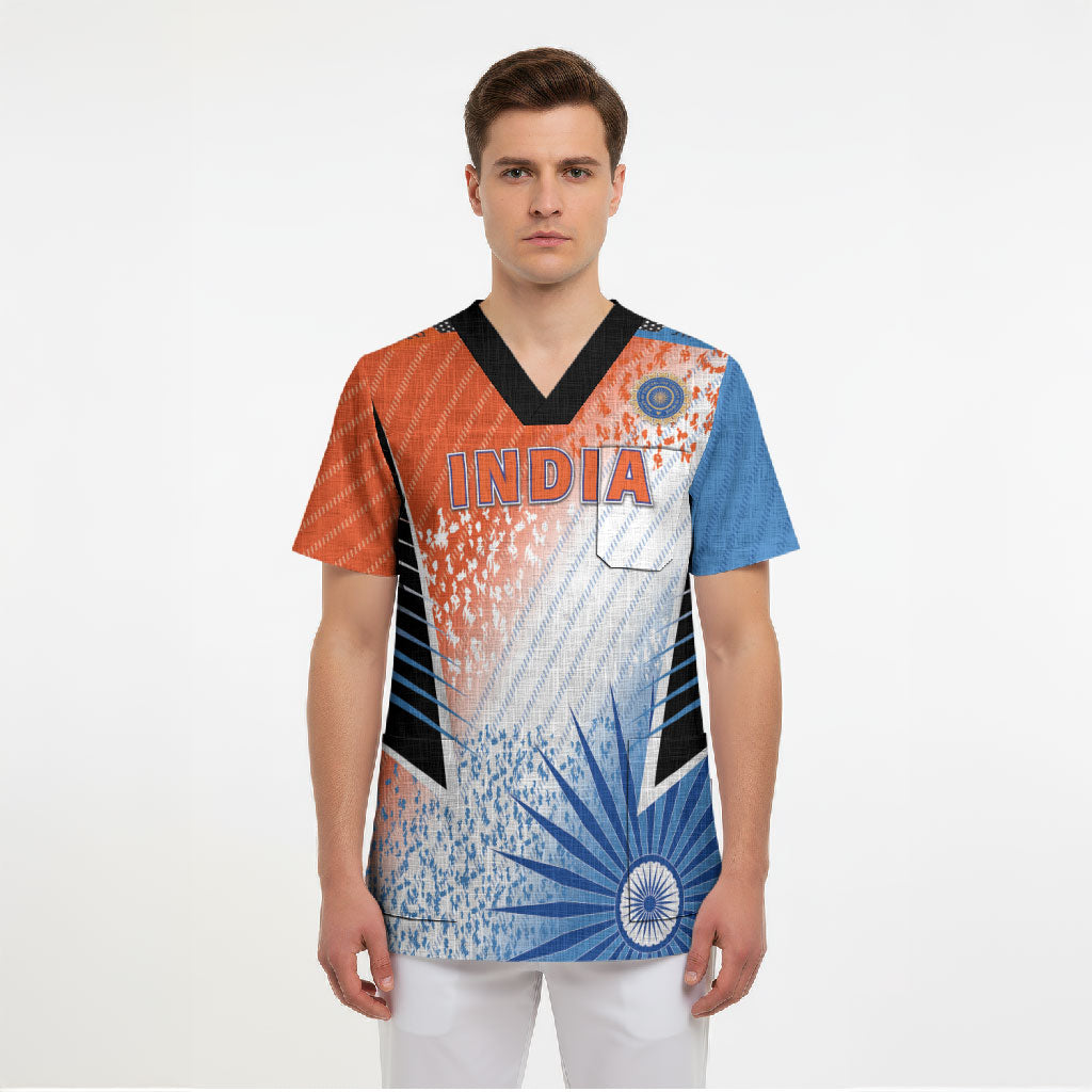 Custom India Cricket Scrub Top Men In Blue Ashoka Chakra Pride