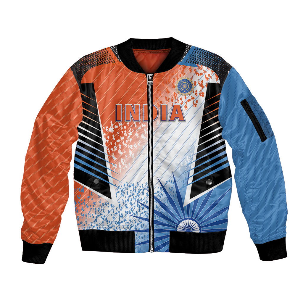 Custom India Cricket Sleeve Zip Bomber Jacket Men In Blue Ashoka Chakra Pride