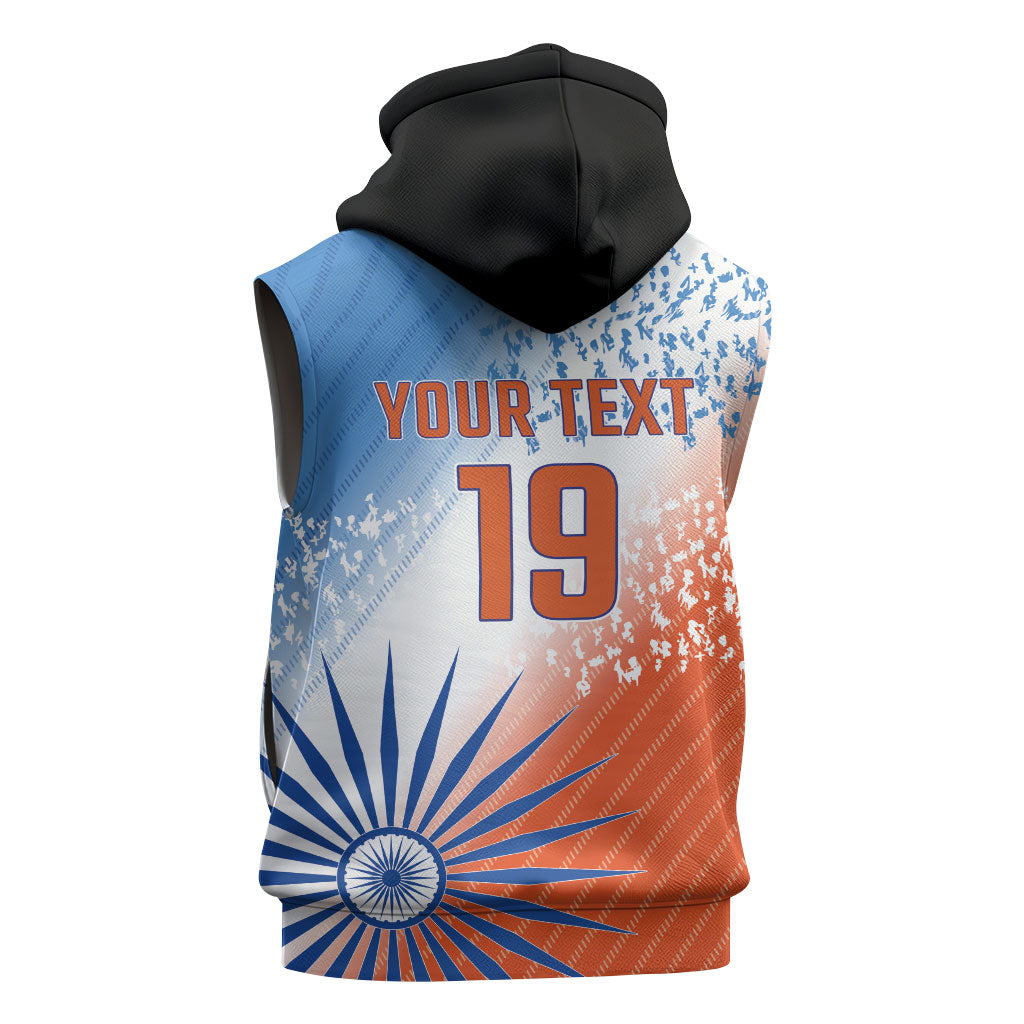Custom India Cricket Sleeveless Hoodie Men In Blue Ashoka Chakra Pride