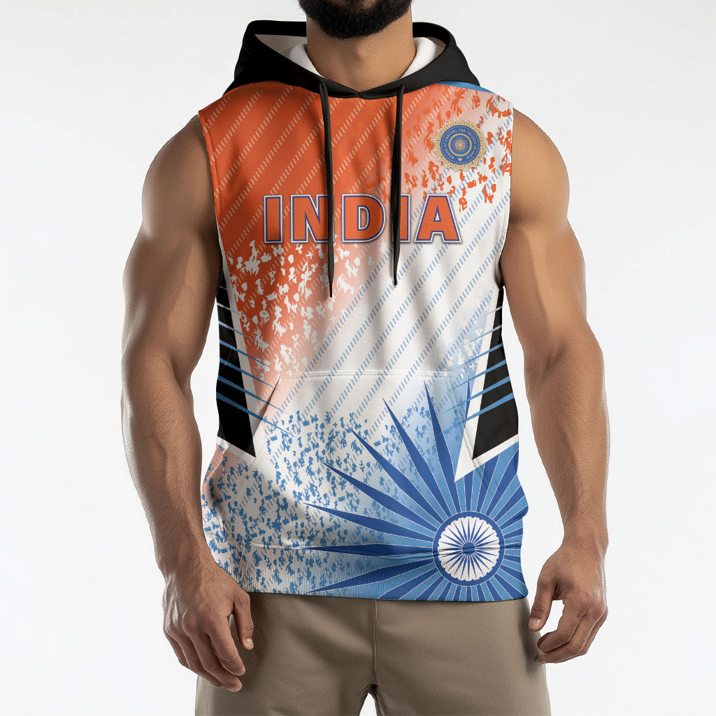 Custom India Cricket Sleeveless Hoodie Men In Blue Ashoka Chakra Pride