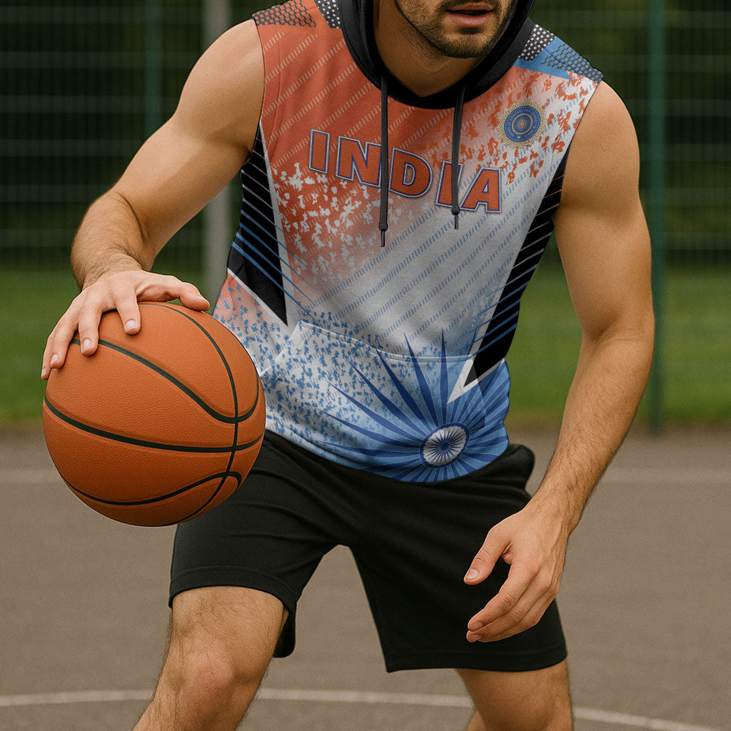 Custom India Cricket Sleeveless Hoodie Men In Blue Ashoka Chakra Pride