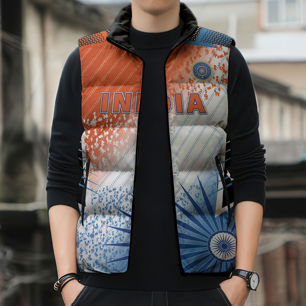 Custom India Cricket Sleeveless Puffer Jacket Men In Blue Ashoka Chakra Pride