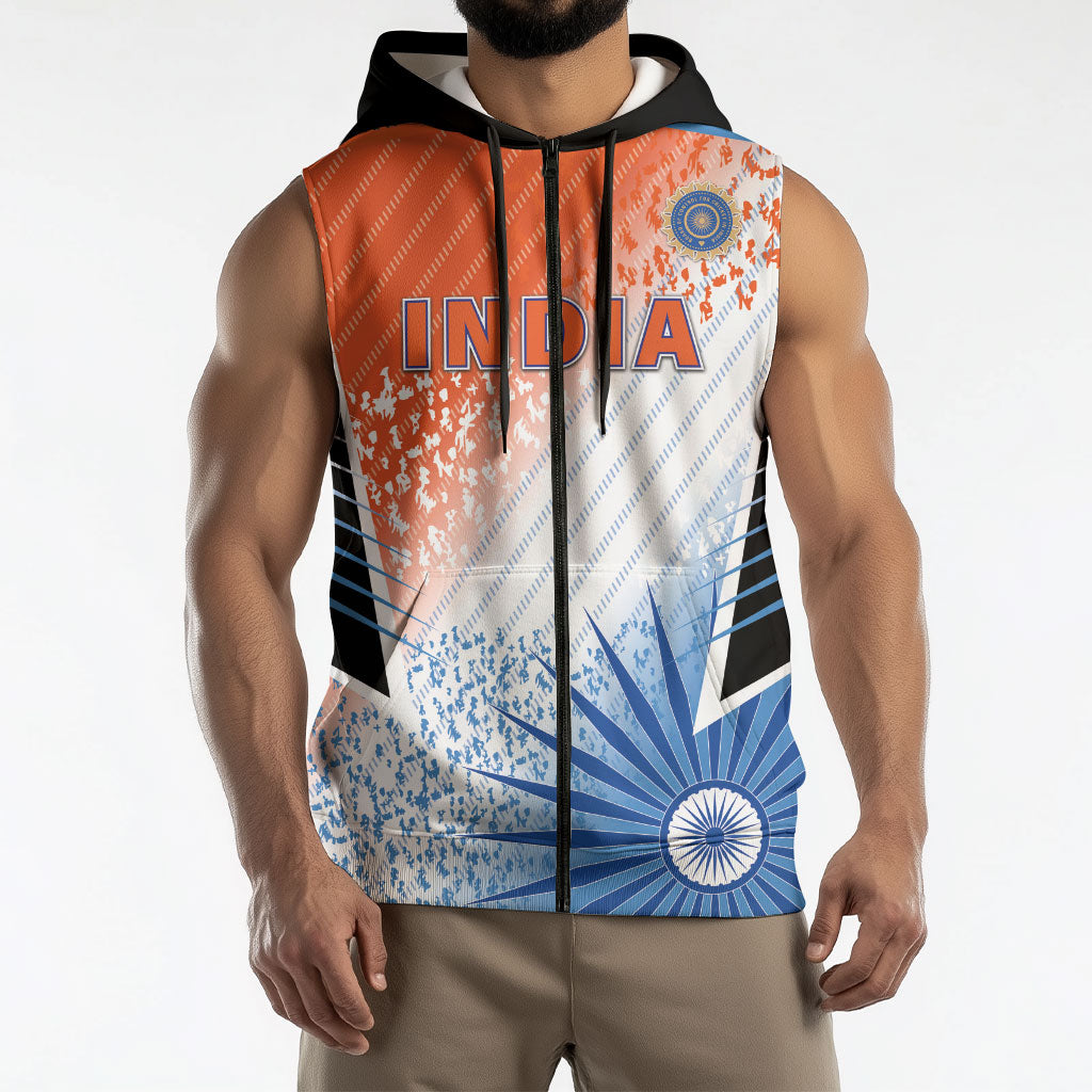 Custom India Cricket Sleeveless Zip Hoodie Men In Blue Ashoka Chakra Pride