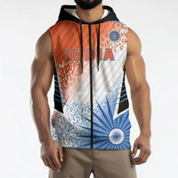 Custom India Cricket Sleeveless Zip Hoodie Men In Blue Ashoka Chakra Pride