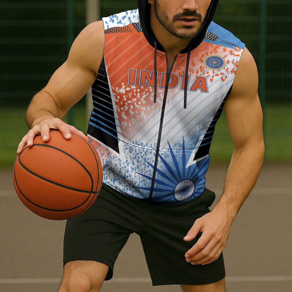 Custom India Cricket Sleeveless Zip Hoodie Men In Blue Ashoka Chakra Pride