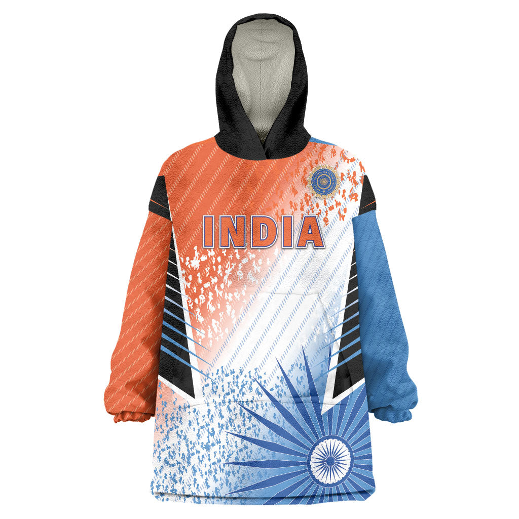 Custom India Cricket Wearable Blanket Hoodie Men In Blue Ashoka Chakra Pride